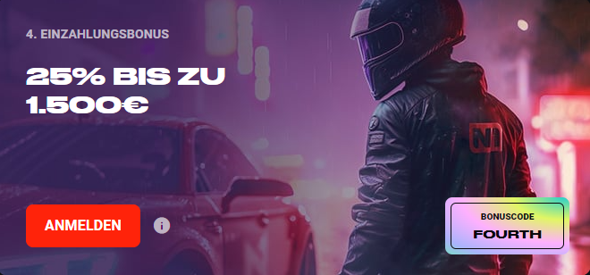 N1 Bet Casino vierter Einzahlungsbonus (25 % bis zu 1.500 Euro mit Bonuscode FOURTH)
