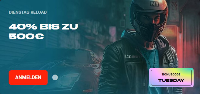 N1 Bet Casino Dienstag Reload (40 % bis zu 500 Euro mit Bonuscode TUESDAY)